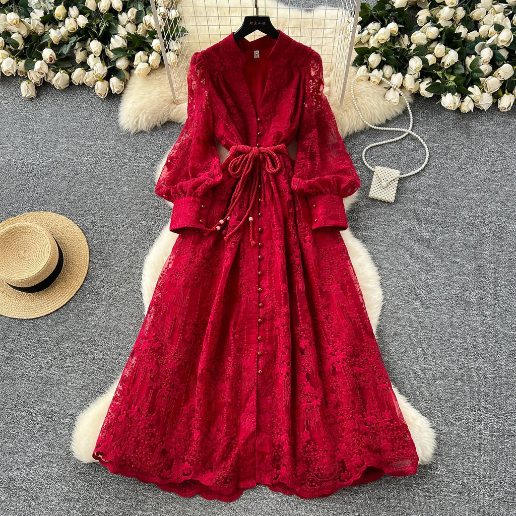 High-End Women's Dress Heavy Embroidery A-Line Long Skirt V-Neck Lantern Sleeve Single Button High Waist Korean Style Commute