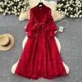 High-End Women's Dress Heavy Embroidery A-Line Long Skirt V-Neck Lantern Sleeve Single Button High Waist Korean Style Commute