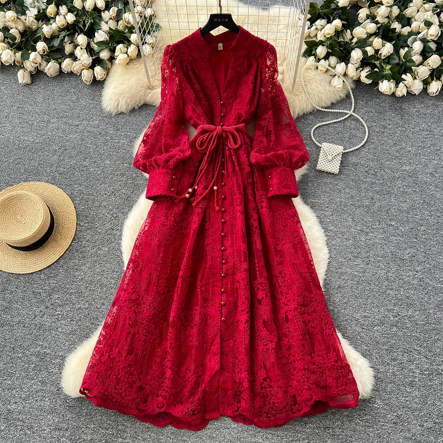 High-End Women's Dress Heavy Embroidery A-Line Long Skirt V-Neck Lantern Sleeve Single Button High Waist Korean Style Commute