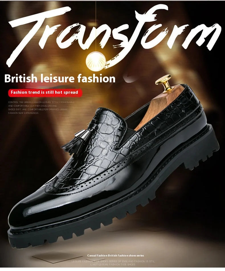 2026 new lazy man slip-on bean shoes men's business casual crocodile print 46 large size fringed leather shoes men