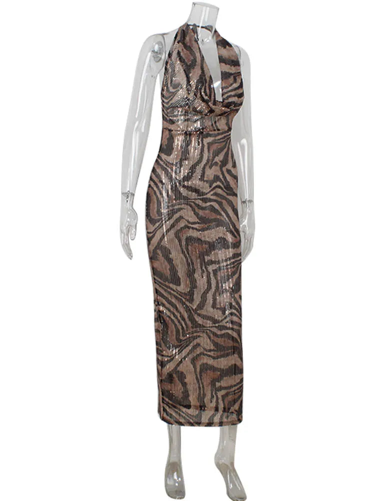 Leopard Printed Bodycon Sheath Party Women Dresses Sleeveless V Neck Backless Outfits Sexy Club Female Vestidos Robes