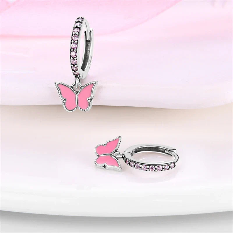 Earrings For Womens 925 Silver Color Pink Rainbow Horse Bear Bee Double Hoop Earrings Fine Engagement Anniversary Jewelry Gifts