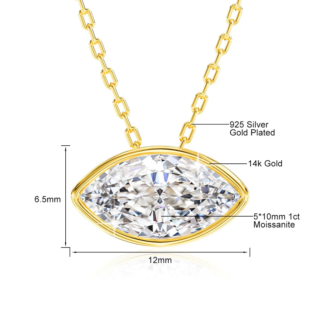 100% 14K Gold Marquise Cut Moissanite Pendant Necklace for Women Wedding Solitaire Choker Minimalist Luxury Collarbone Chain
