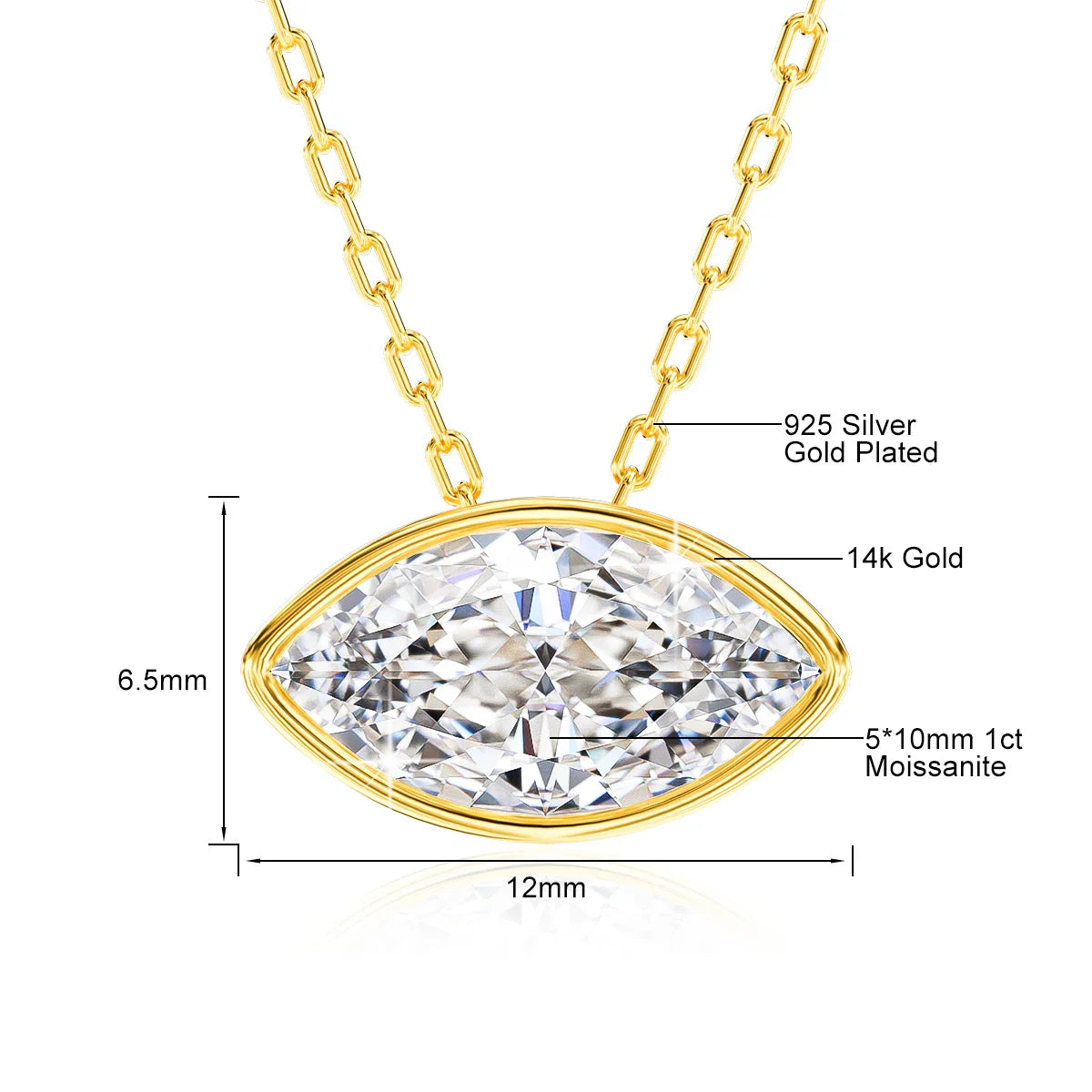 100% 14K Gold Marquise Cut Moissanite Pendant Necklace for Women Wedding Solitaire Choker Minimalist Luxury Collarbone Chain