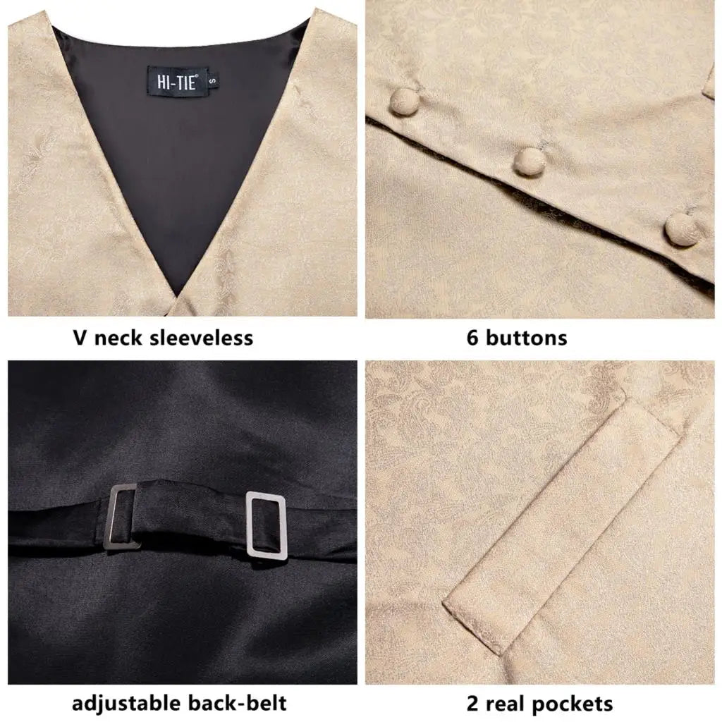 Fashion Silk Vest For Men Classic Gold Champane Yellow Waistcoat Jacket Tie Hankerchief Cufflinks Sets Dress Suit Wedding Hi-Tie