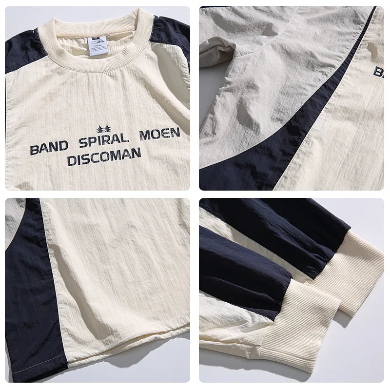 Japanese-inspired Color-blocked Crew Neck Sweatshirt with Patchwork Design: Men's Spring/Autumn Outdoor Leisure