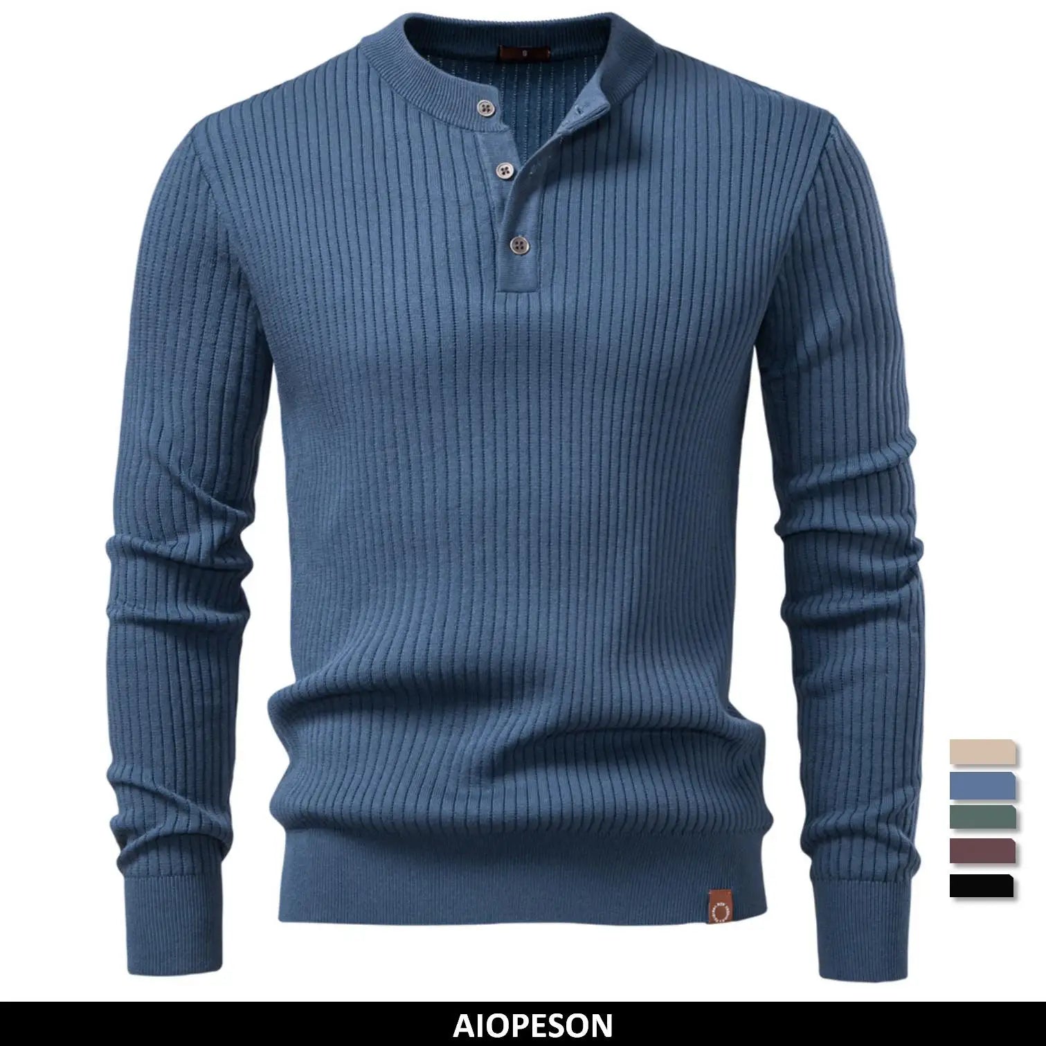 Men's Long Sleeve T-shirt Fall Winter Fashion Knit Slim Fit Polo Sweater Riibed Henry Collar Sweatershirt for Man