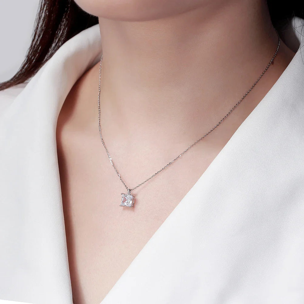 Classic Dainty 925 sterling Silver Princess Cut Solitaire Cubic Zirconia Pendant Necklace for Women Jewelry APN12