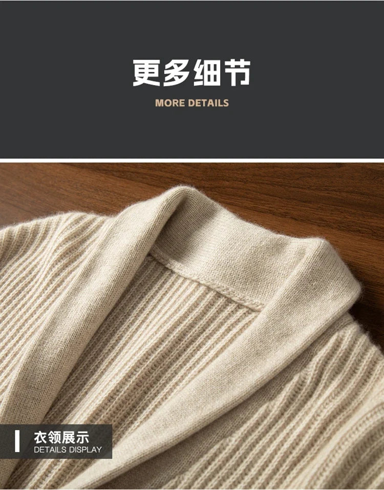 Men's Heavy Thick 100% Pure Cashmere Cardigan Olive Warm Collar High-End Sweater Coat Super Handsome
