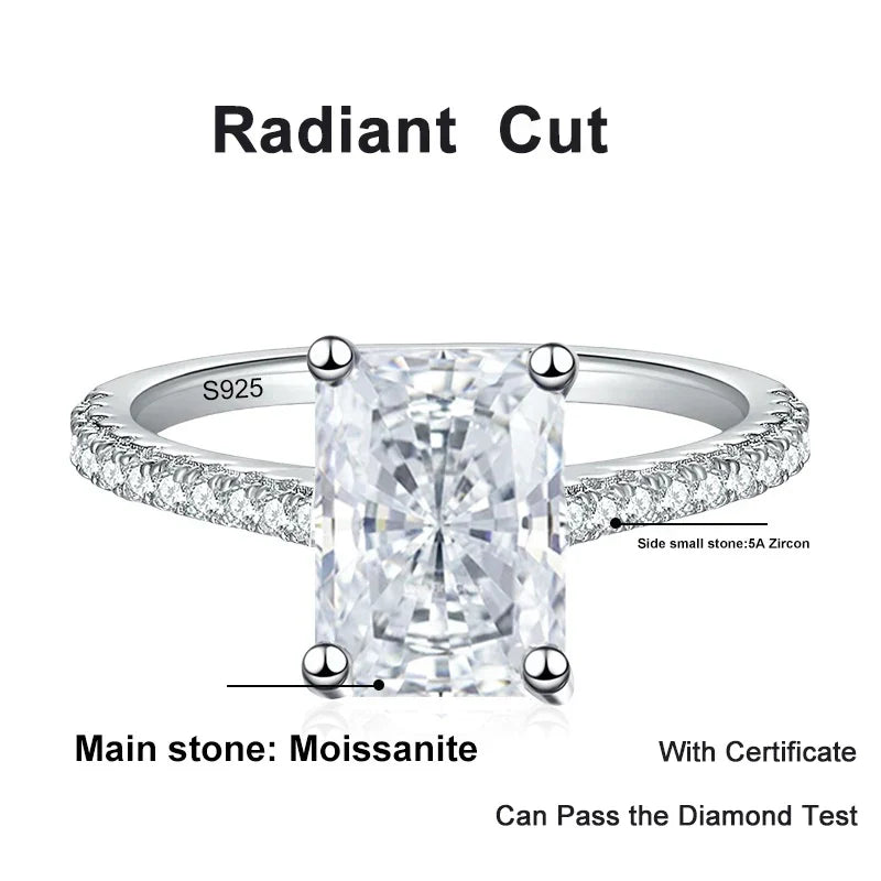 1CT 2CT Emerald Radiant Cut Moissanite Ring for Women Engagement Wedding Lab Diamond Sterling Silver 925 Rings Jewelry
