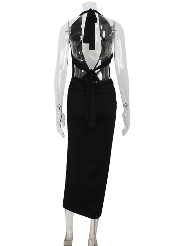 Fashion Halter Women's Maxi Dresses Solid Deep V-Neck Sleeveless Blackless Bandage Sheath Bodycon Party Vestidos Robes