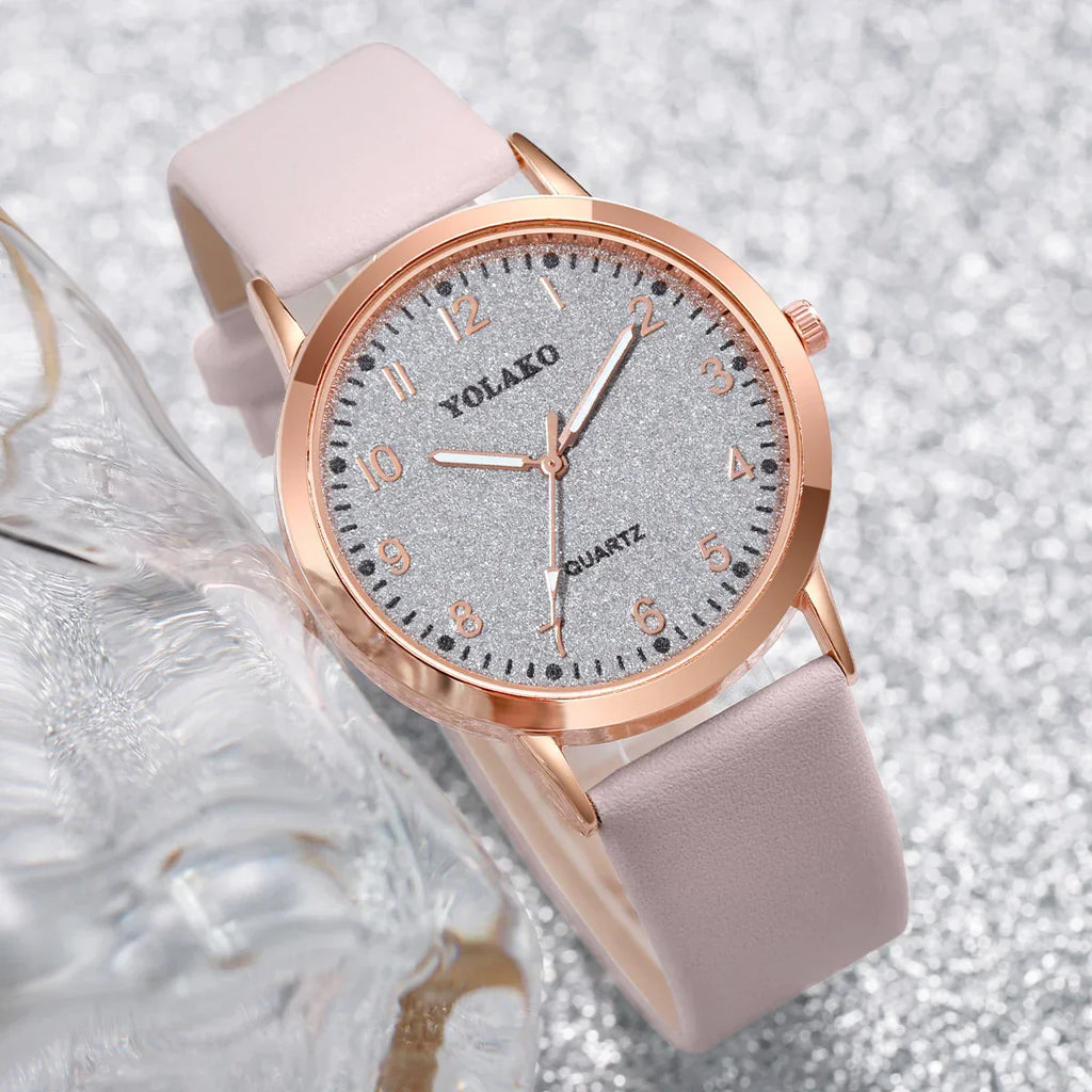 5PCS/Set Fashion Arabic Dial Women Quartz Watch Casual Leather Band Wrist Watches Bracelets  Set（Without Box）
