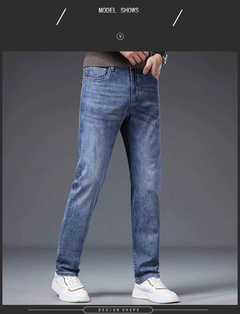 Korean Fashion Men's Soft Stretch Slim Fit Jeans Business Casual Straight Denim Pants Classic Brand Washed Blue Gray Trousers