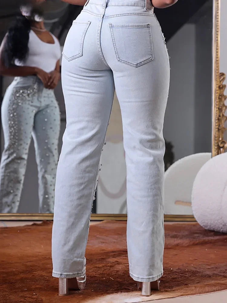 Women's Beading Jeans High Waist Slim Spring Casual Denim Pant