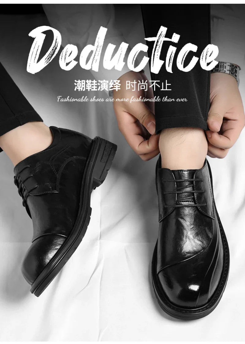Brown Burnished Genuine Leather Lace Up Chunky Sole Formal Business Office Groom Wedding Daily Wear Shoes Fashion Comfortable