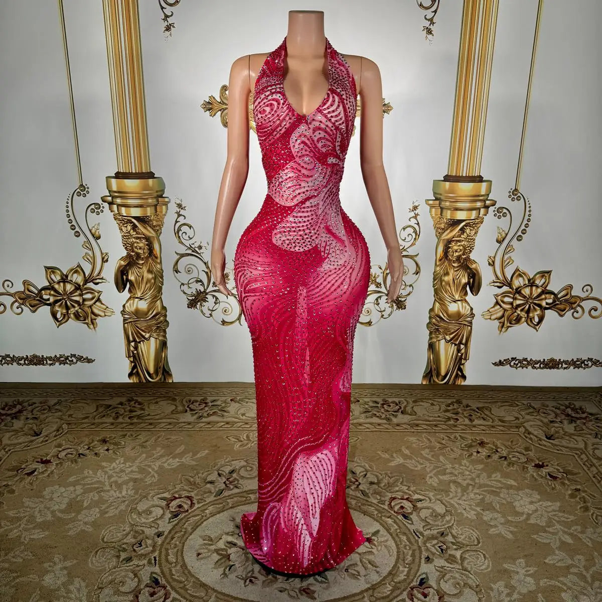 Plus Size Sexy Sheer Mesh Dress with Low Back & Colorful Rhinestones - Glamorous Nightclub & Party Gown for Women