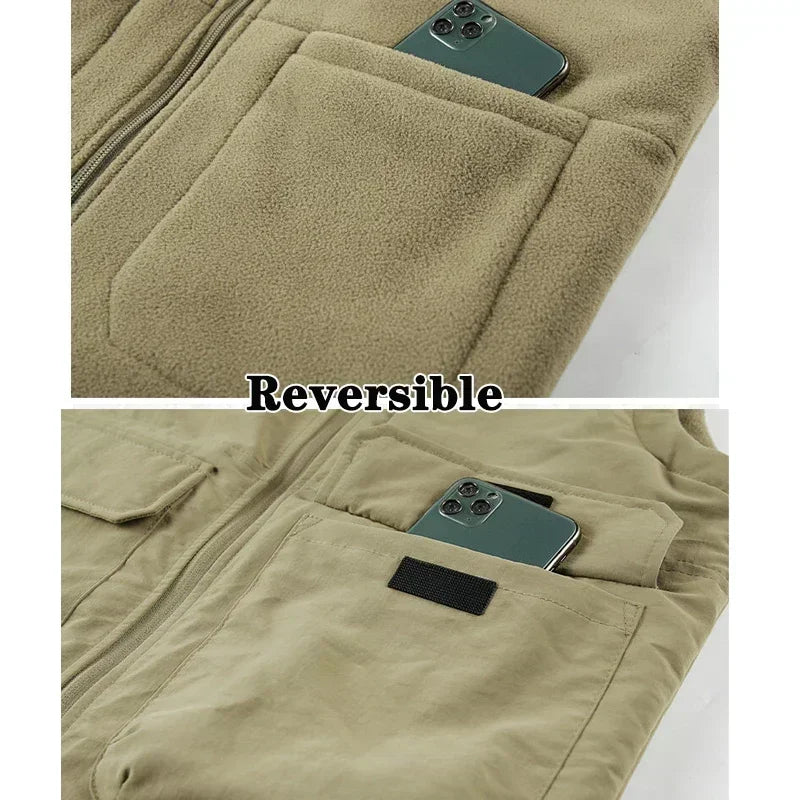 Reversible Sleeveless Jacket Men's Vest Coat Winter Waistcoat Thick Warm Fleece Workwear Tops Cargo Vest Windbreaker New Fashion