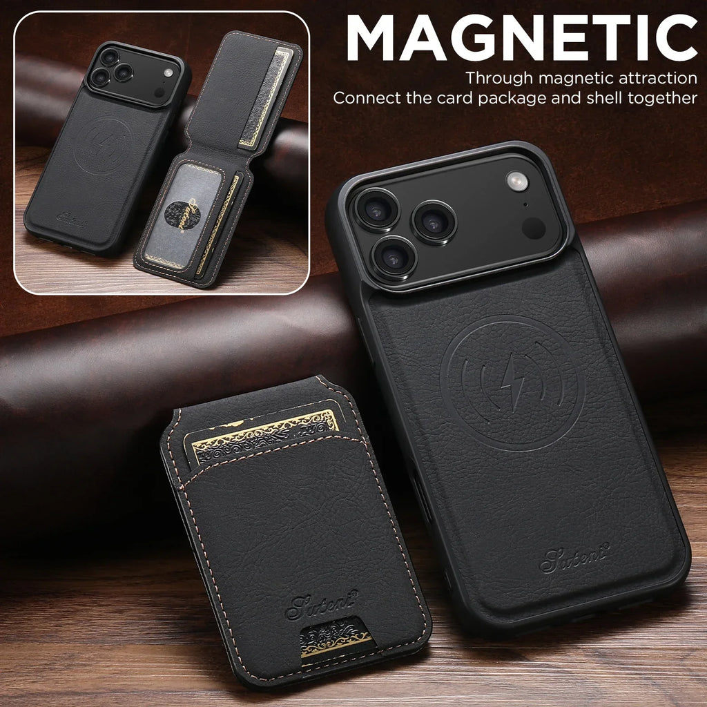 SUTENI Wireless Charging Phone Case Magnet Card Holder Stand Faux Leather For iPhone 17 Pro Max 16 Plus 15 14 13 12
