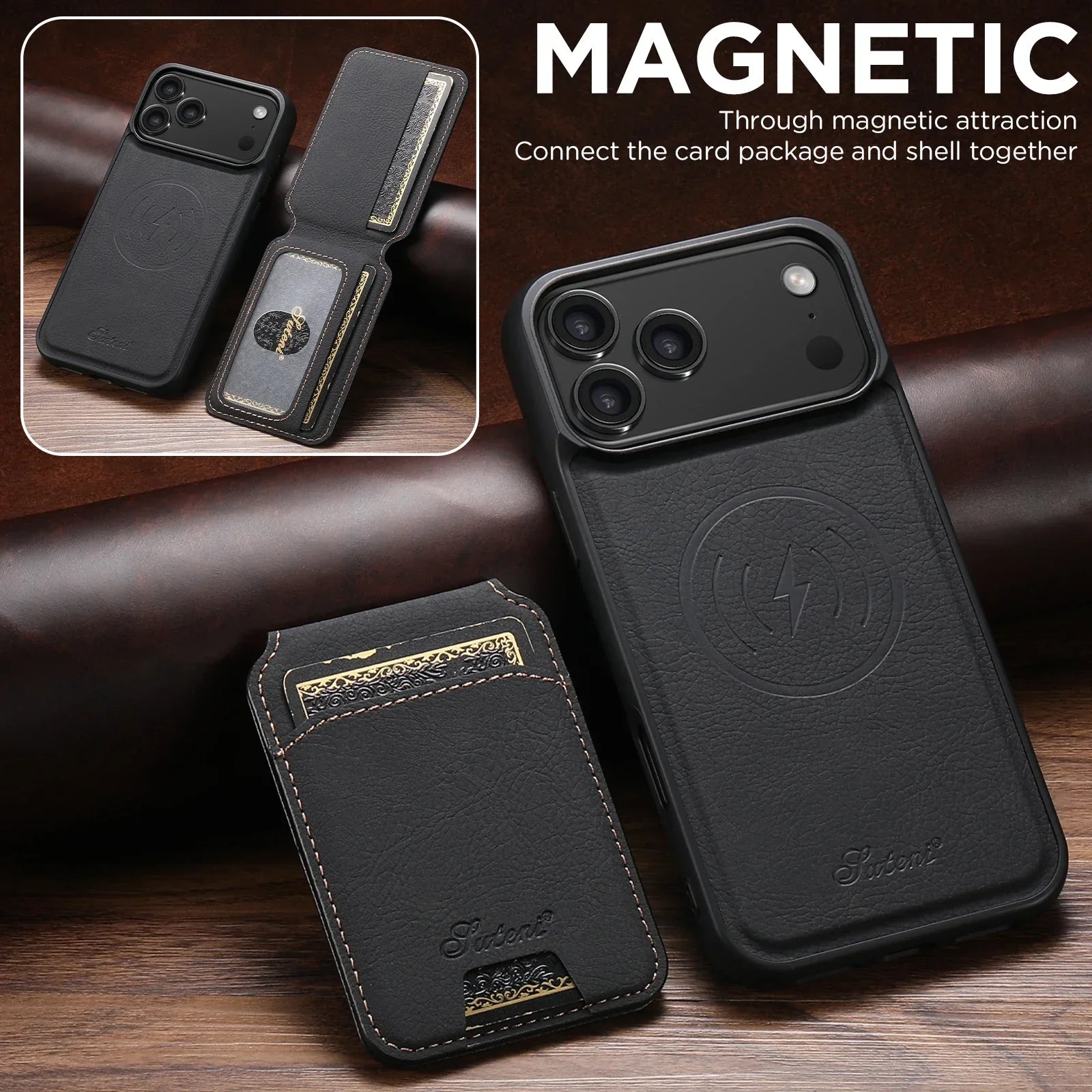 SUTENI Wireless Charging Phone Case Magnet Card Holder Stand Faux Leather For iPhone 17 Pro Max 16 Plus 15 14 13 12