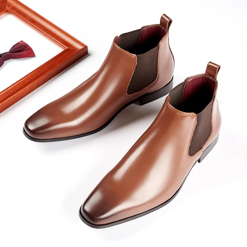 Elegant Simple Men Leather Boots Long Tip Square Toe British Chelsea Boots for Men Formal Business Luxury Shoes Spring Winter