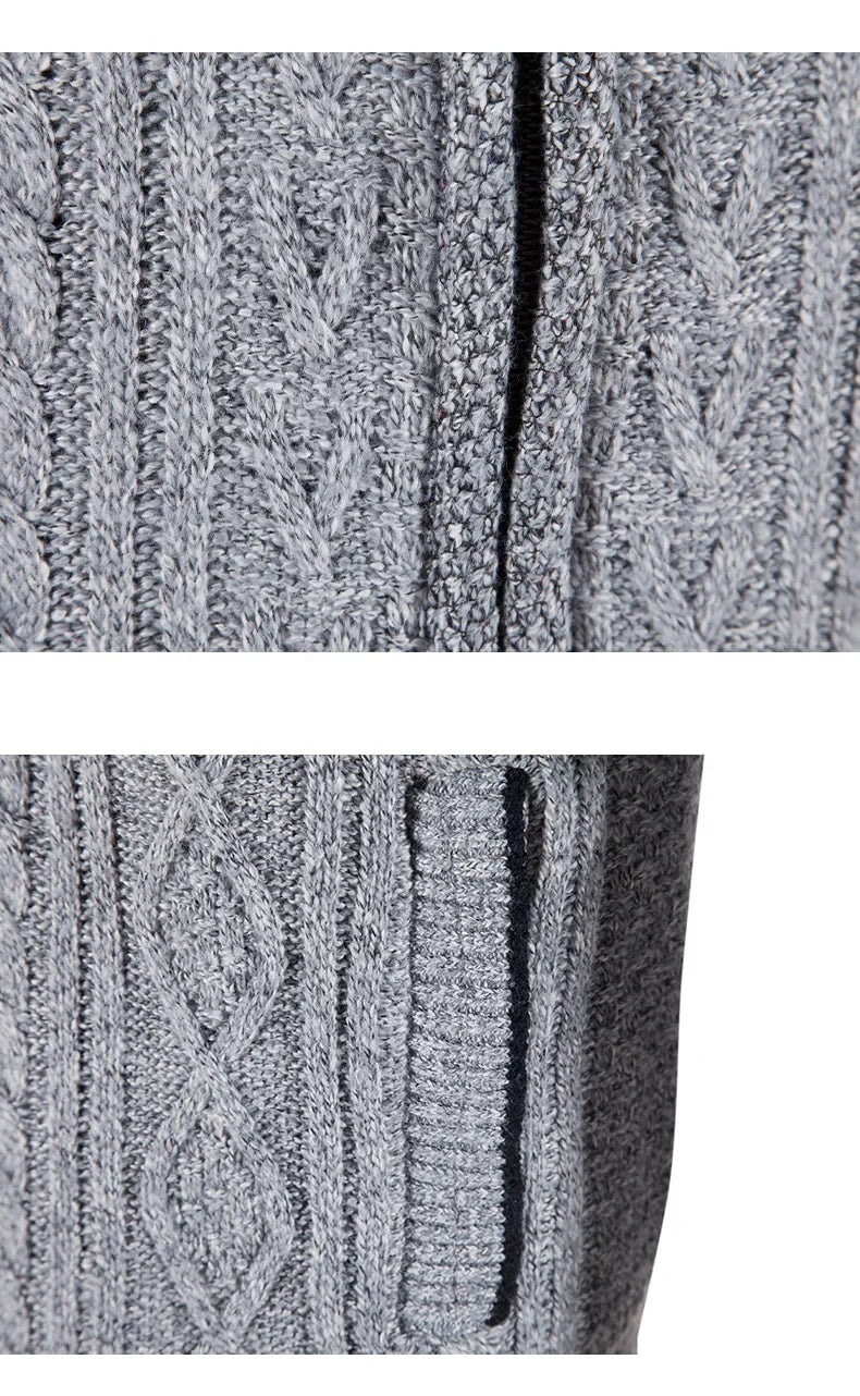 Winter Autumn New Sweater Knit Cable Cardigan Men Business Casual Jacket Zipper Up Solid Color Turn-down Coat Fleece Clothes