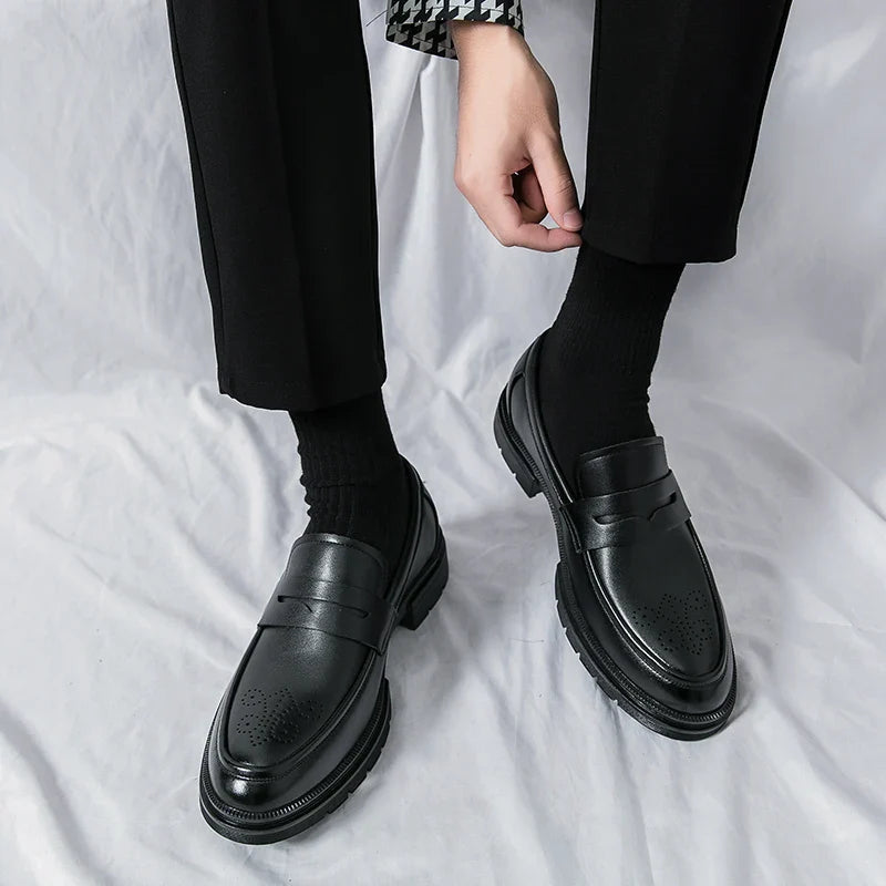 Spring Luxury Thick soled Casual Shoes Men's Black Penny loafers men Brown Business Office Dress Shoes for Mentênis masculino