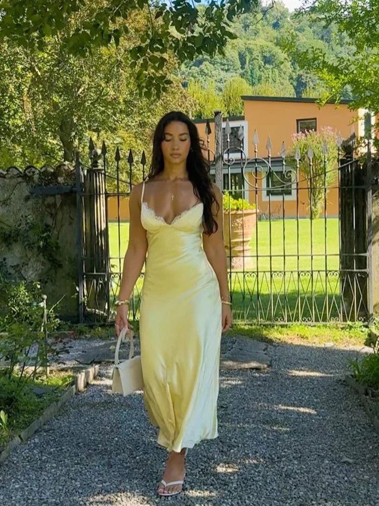 Yellow V Neck Satin Lace Patchwork Maxi Dress Chic Spaghetti Strap Backless Slip Robe 2026 Summer New Lady Beach Holiday Vestido