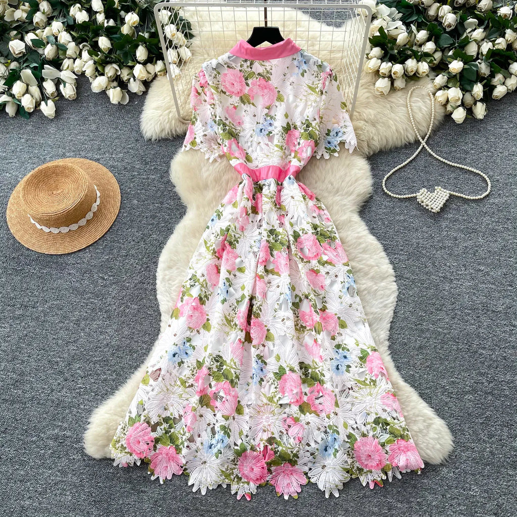 Embroidery Flower Vacation Dress French Style Blet Lapel Slim High Quality Hollow Out Ladies Elegant A-line Long Dress