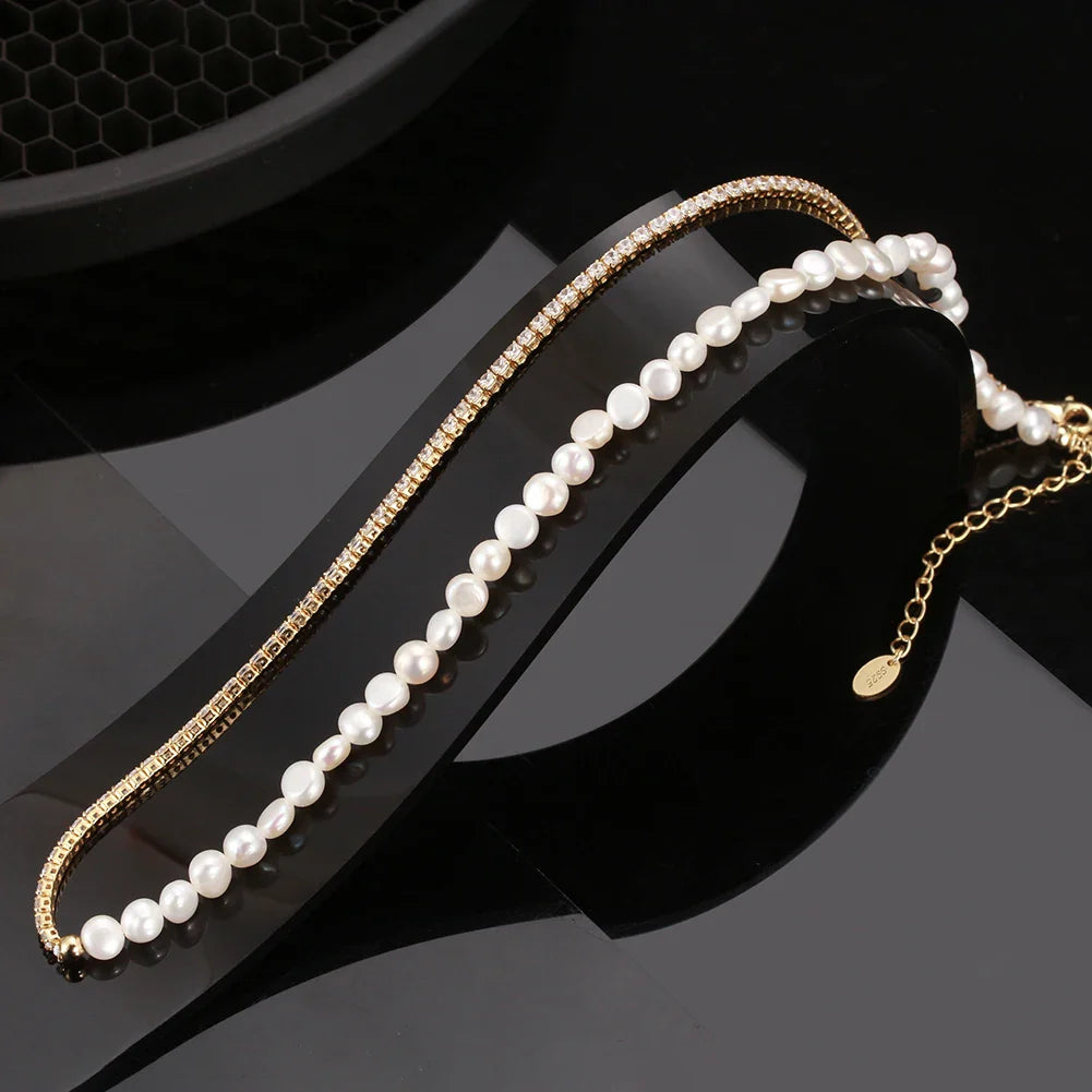 14K Gold 925 Sterling Silver Pearl Necklace with 3-4mm Handmade Natural Baroque Pearl Tiny Chain for Women GPN19