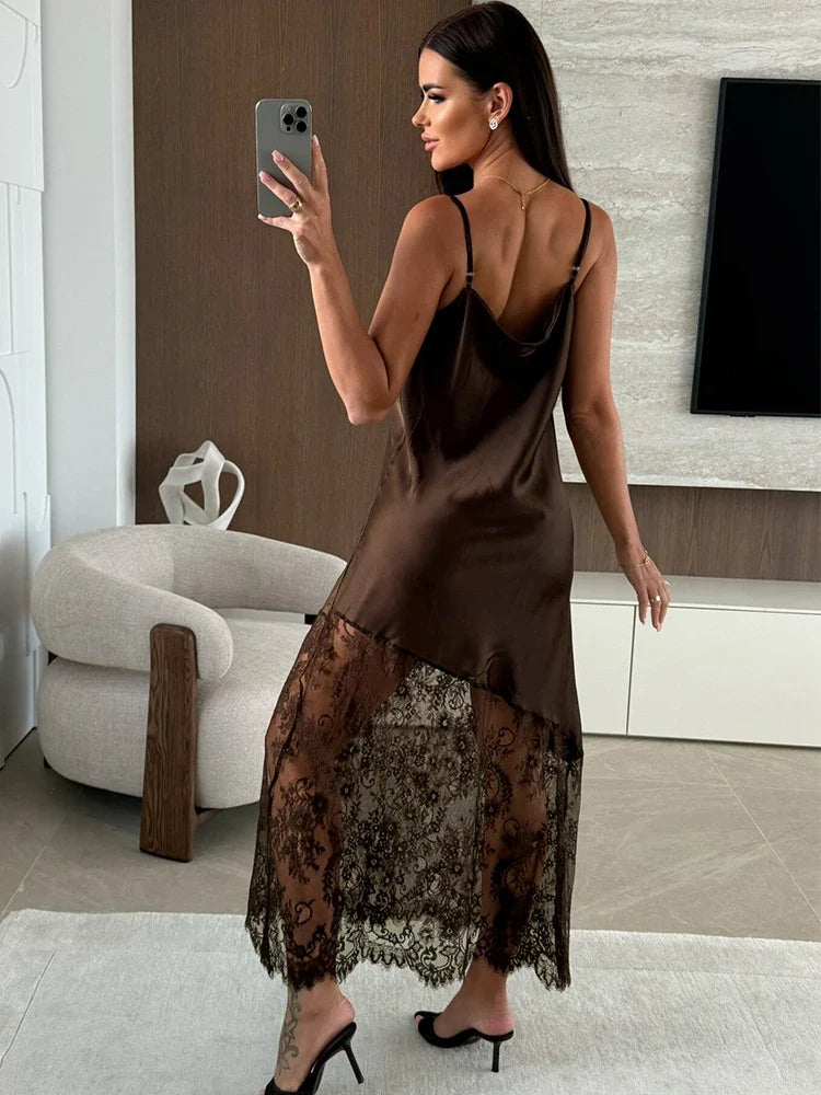 Trendix Hollow Out Lace Dress Women 2025 Winter Sexy V Neck Sleeveless Spaghetti Strap Dresses Party Club Elegant Evening Dress