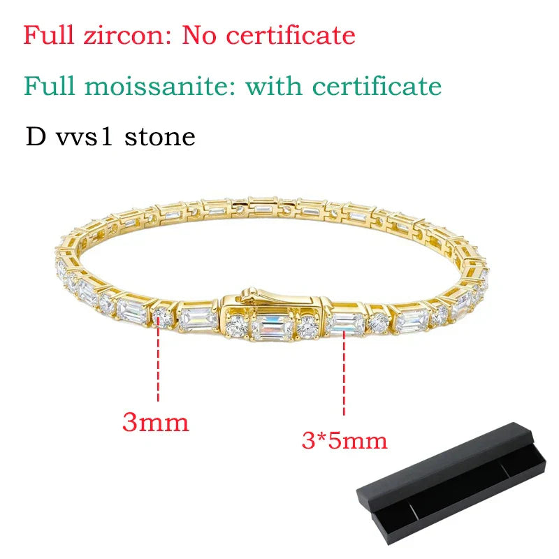 Emerald Cut Original Moissanite Tennis Bracelet for Women Men Hip Hop Jewelry Full Diamond Chain S925 Sterling Silver
