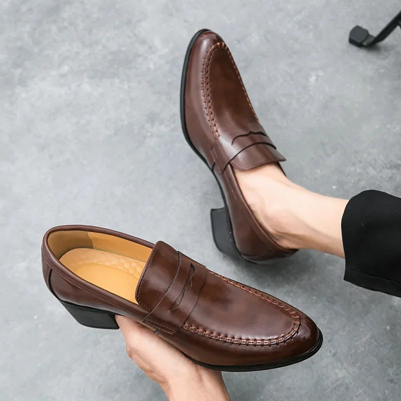Retro High Heel Men's Shoes Fashionable Business Leather Slip-On Shoes Trendy Rubber Sole Pointed Toe Ankle-Length PU Leather