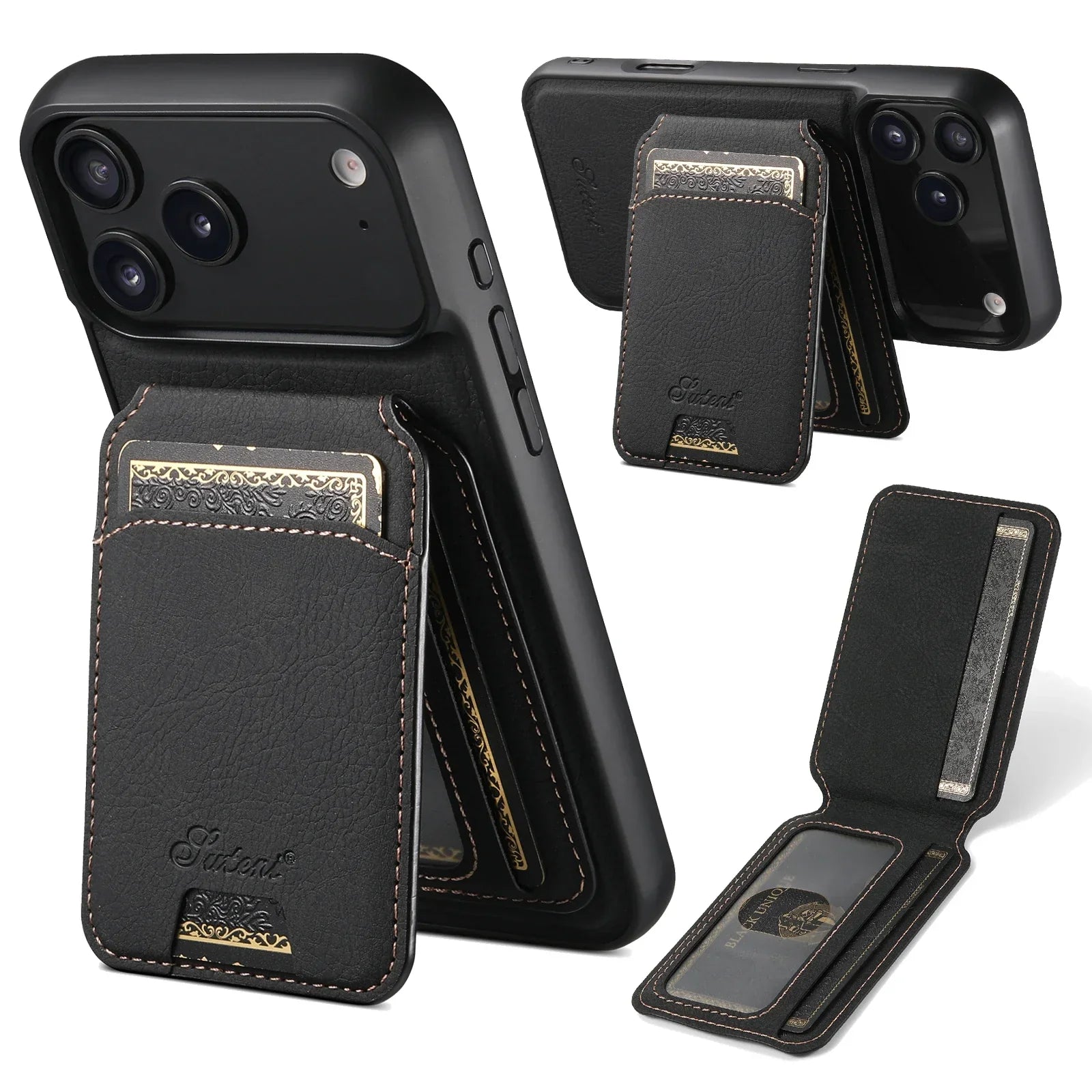 SUTENI Wireless Charging Phone Case Magnet Card Holder Stand Faux Leather For iPhone 17 Pro Max 16 Plus 15 14 13 12