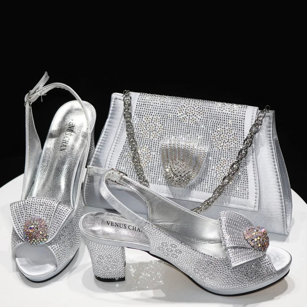 Ladies Thin Heels Shoes and Bag Set Decorated with Rhinestones For Women Party