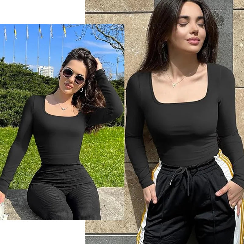 GUUDIA Open Crotch Big U Neck Seamless Bodysuit Long Sleeve Spandex Elastic Body Suit Shapewear Tummy Control Waist Shapers