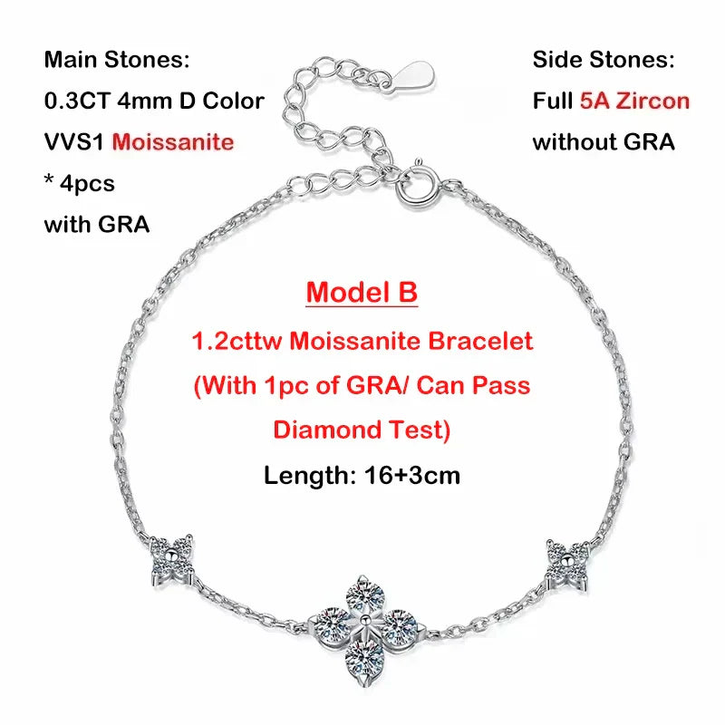 Clover GRA Certified 2cttw D Color Moissanite Bracelet for Women Girl 925 Silver Pass Diamond Test Hand Link Bracelets Gift