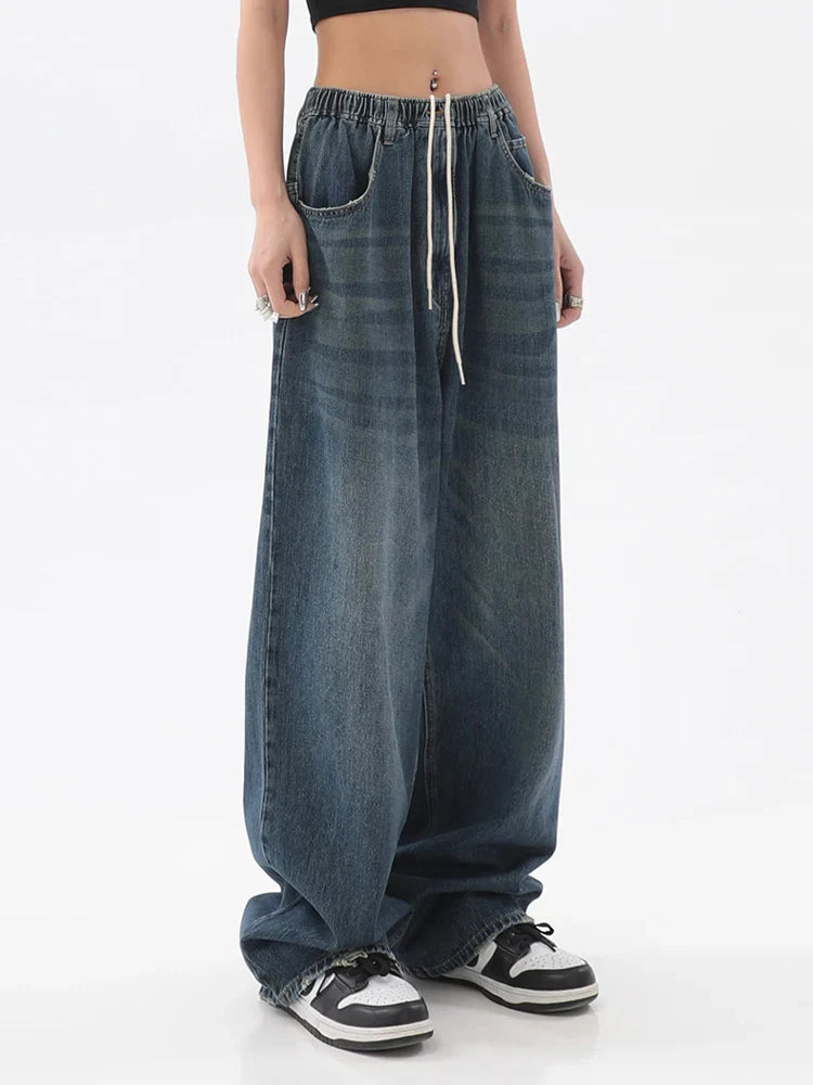 2025 Women American Vintage Baggy Jeans Elastic Waist Oversized Long Trouser Denim Pant Wide Leg Streetwear Straight Basic Daily