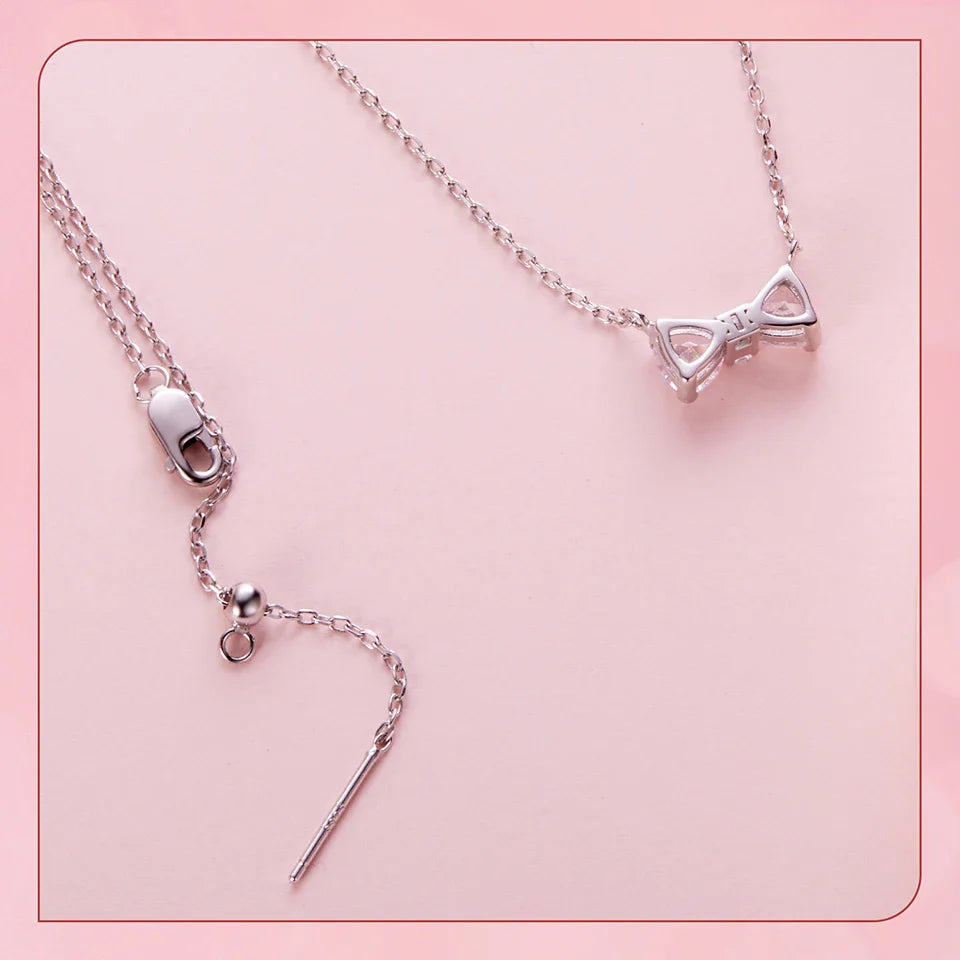 925 Sterling Silver Full Zircons Bow Pendant Necklace Sweet Bowknot Link Chain for Women Girls Birthday Gift Fine Jewelry