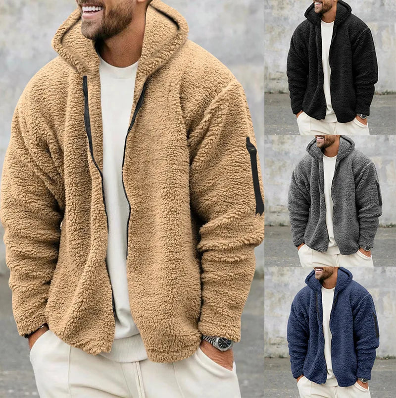 Men's Autumn and Winter Double-Sided Fleece Warm Jacket  Loose Hooded Casual Jacket