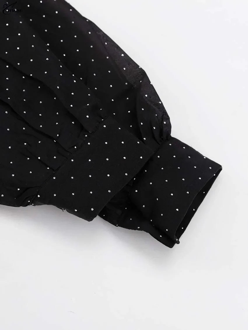 Fashion Black Rhinestone Women's Dress Casual Lapel Long Sleeve Button Dresses Elegant New Lace-Up Pleated Mini Dresses