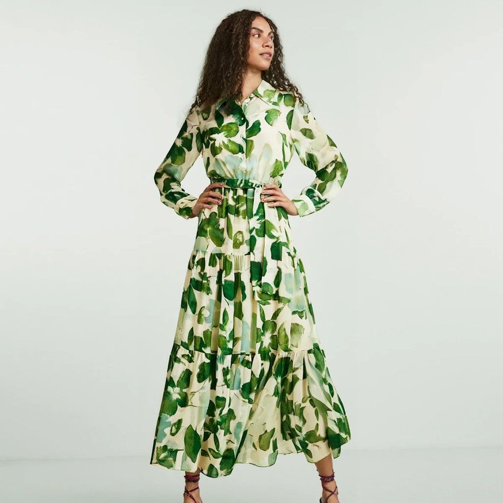 Women's Dress 2025 Spring New Long Sleeve Collar Green Flower Vacation