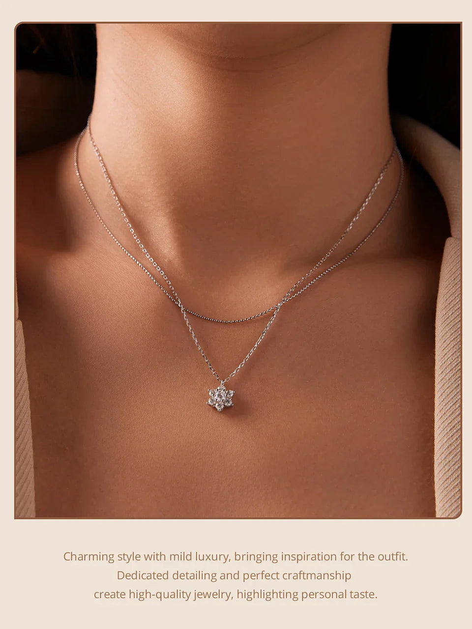 Double-layer Moissanite Necklace for Women, 925 Sterling Silver Snowflake Pendant Necklace for Women Dazzling Winter Gift