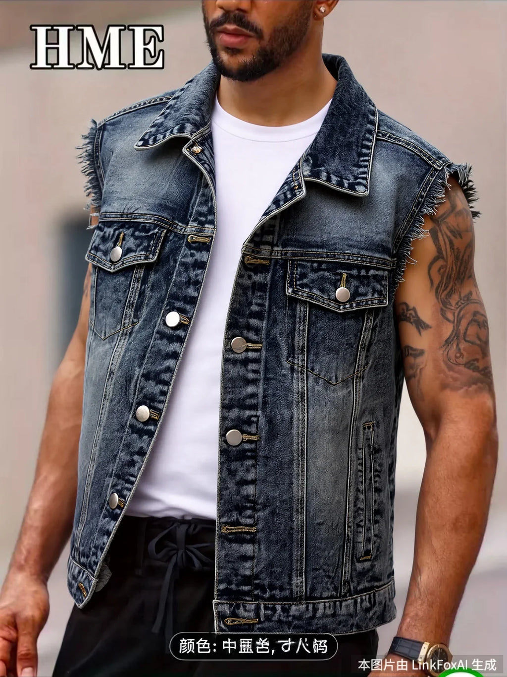 American Streetwear Men's Frayed Denim Vest Vintage Washed Turn Down Collar Sleeveless Jean Jacket Spring Summer