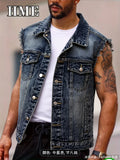 American Streetwear Men's Frayed Denim Vest Vintage Washed Turn Down Collar Sleeveless Jean Jacket Spring Summer