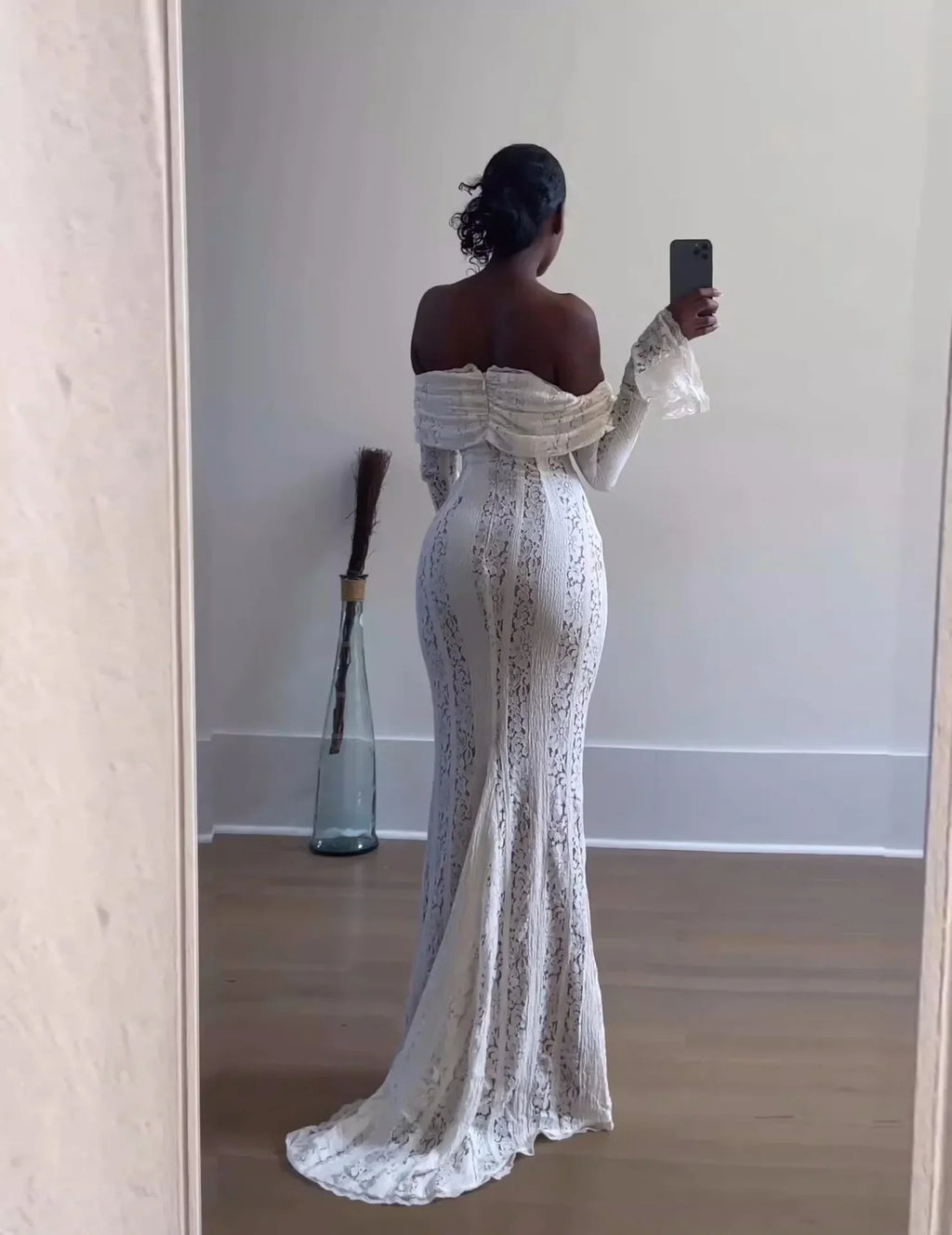 Oligai Elegant Off The Shoulder Bodycon Dress 2024 New in White Flare Sleeve Lace Maxi Dress Wedding Guest Dress for Women