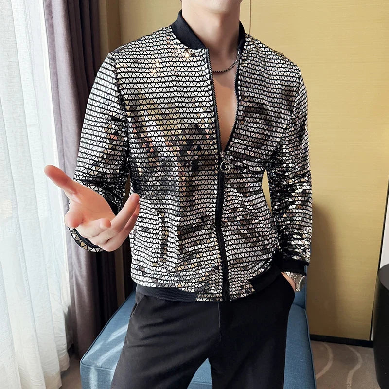 Men's Fashionable and Personalized Silver Sequin Jacket Summer New Ball Performance Suit Jacket Hip-hop Fashion Street Wear