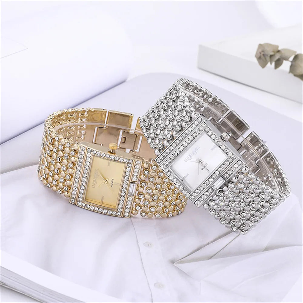 W25 Women's Square Quartz Watch Fashion Brand Light Luxury Stainless Steel Bracelet Girls' Diamond Inlaid Wristwatches