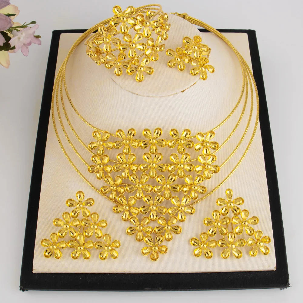 Fashion Silver Gold Color Hollow Shape Necklace Earrings Bracelet Ring Set for Women Exaggerated Design Jewelry Gift for Party