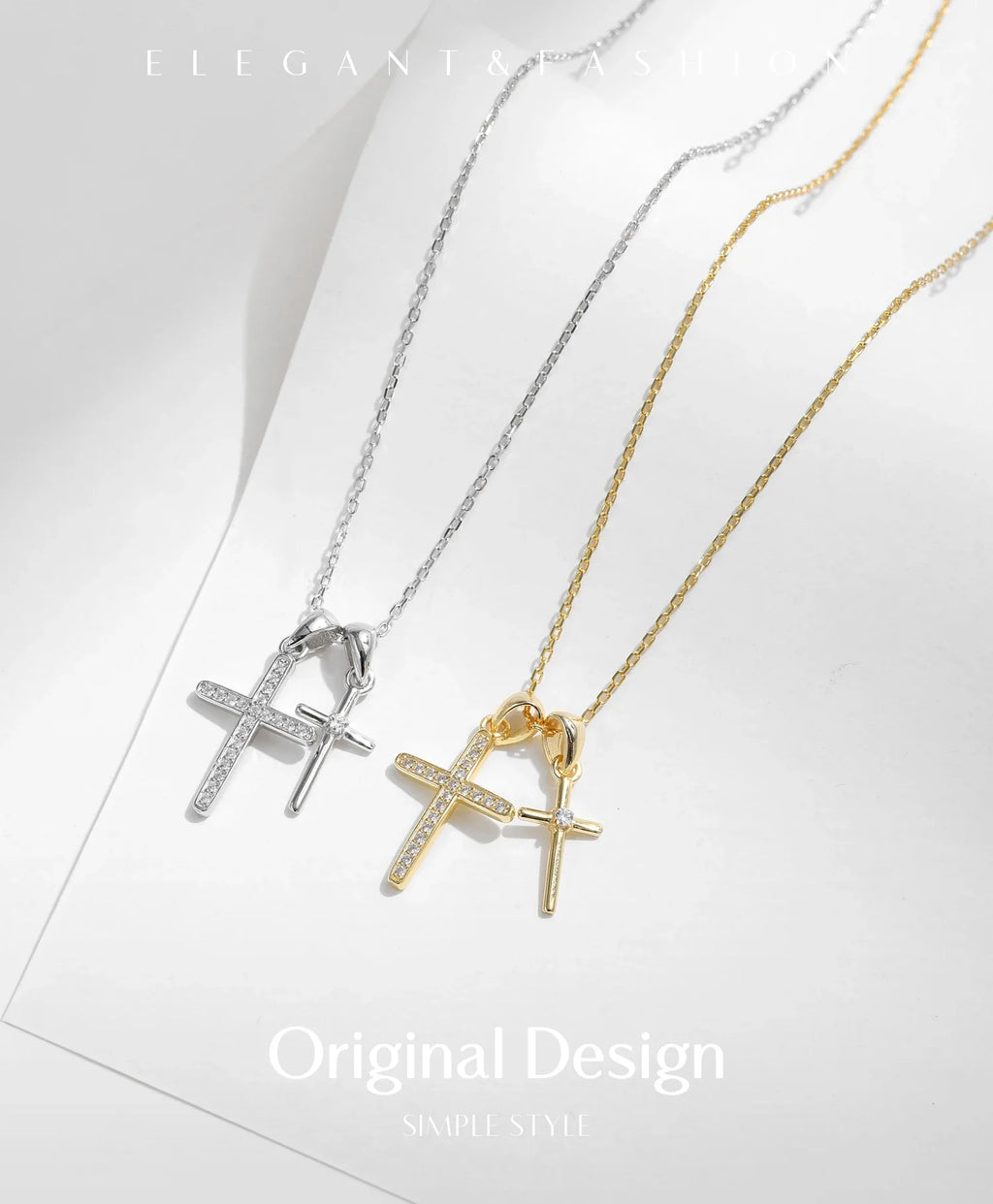 925 Sterling Silver Classic Delicate Double Cross Zircon Link Chain Pendant Necklace For Women Fine Jewelry Gifts