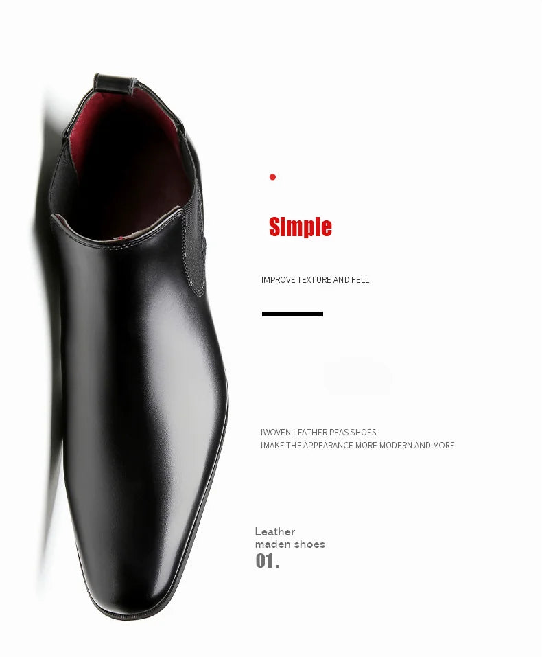 Elegant Simple Men Leather Boots Long Tip Square Toe British Chelsea Boots for Men Formal Business Luxury Shoes Spring Winter